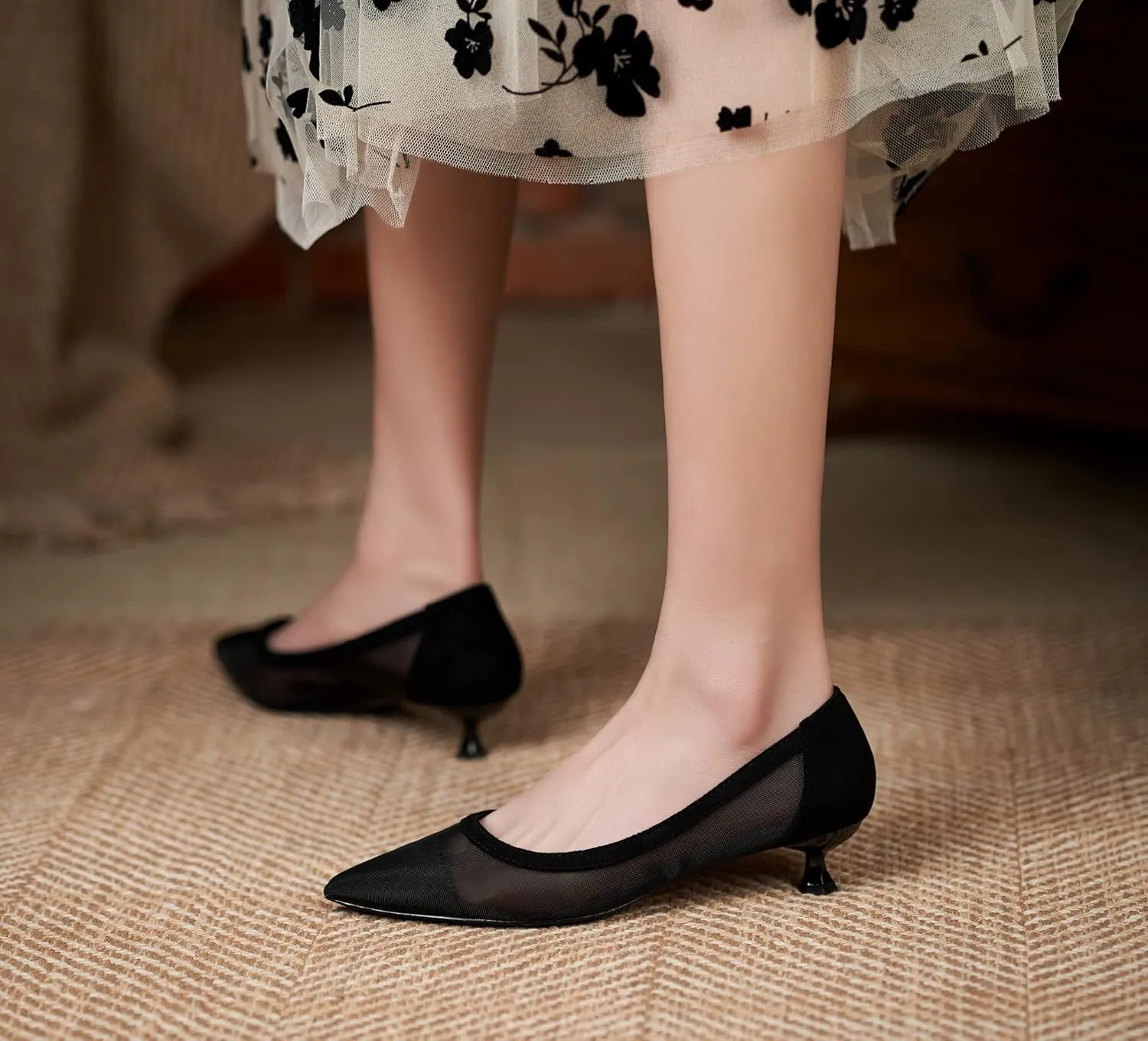 YooPrettyz Women See Through Mesh Sexy High Heels Formal Dressy Pump Shoes Pointed Toe Office Kitten Heels