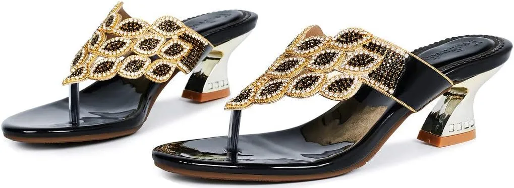 YooPrettyz Women Summer Rhinestone Thong Strap Sandals Slid Gold Chunky Low Heels
