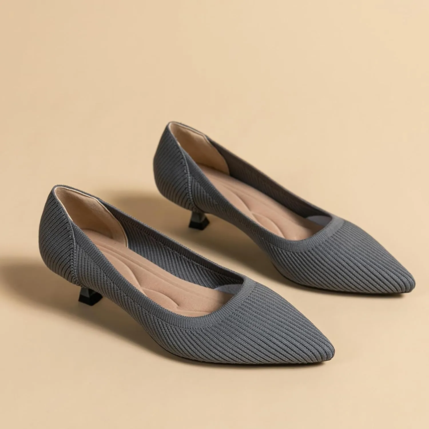 youngshow Women's Pumps Kitten Heels Pointed Toe Knit Slip On Comfortable Casual Formal Dress Shoes