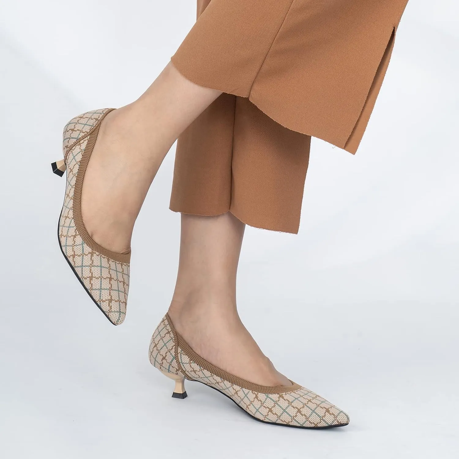 youngshow Women's Pumps Kitten Heels Pointed Toe Knit Slip On Comfortable Casual Formal Dress Shoes