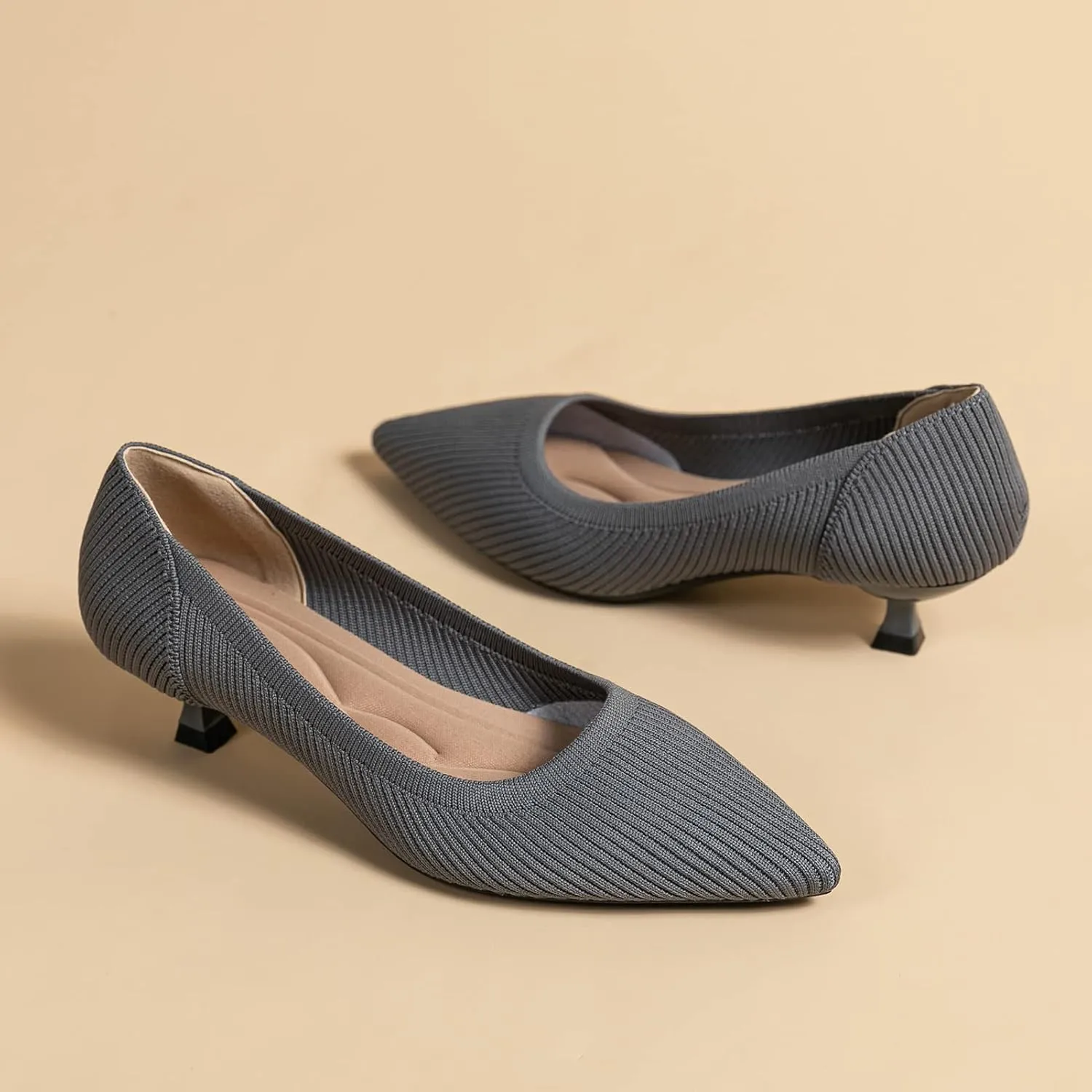 youngshow Women's Pumps Kitten Heels Pointed Toe Knit Slip On Comfortable Casual Formal Dress Shoes