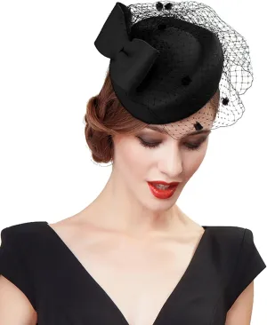 Z&X British Vintage Wool Felt Pillbox Hat Ladies Church Derby Winter Fascinator Hat Veil Flower Fedoras