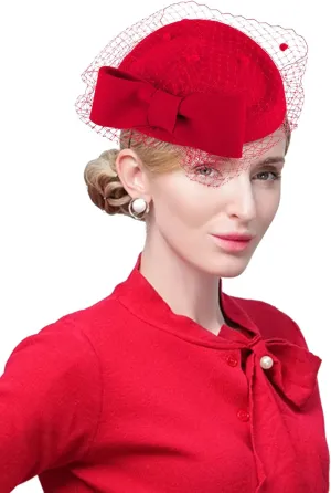 Z&X British Vintage Wool Felt Pillbox Hat Ladies Church Derby Winter Fascinator Hat Veil Flower Fedoras