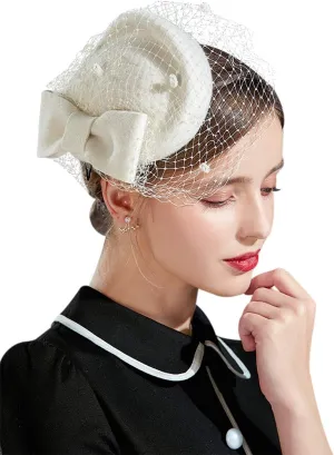 Z&X British Vintage Wool Felt Pillbox Hat Ladies Church Derby Winter Fascinator Hat Veil Flower Fedoras