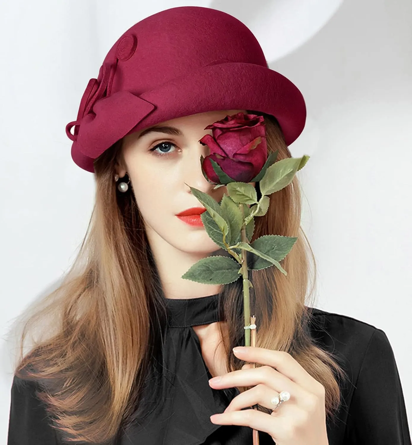 Z&X Wool Felt Veil Fascinator Pillbox Hats for Women Winter Tea Party Church Derby Hat Flower Beret Fedoras